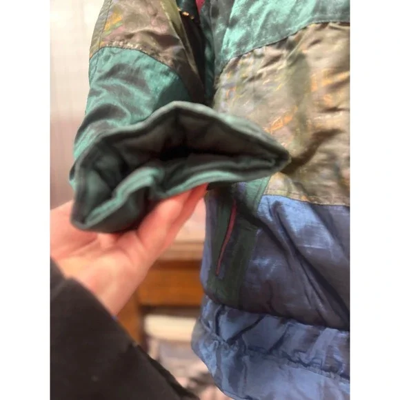 Vintage 80s groovy Bomber Jacket Metallic Teal Pink Gold Women's Size Large - Picture 4 of 12